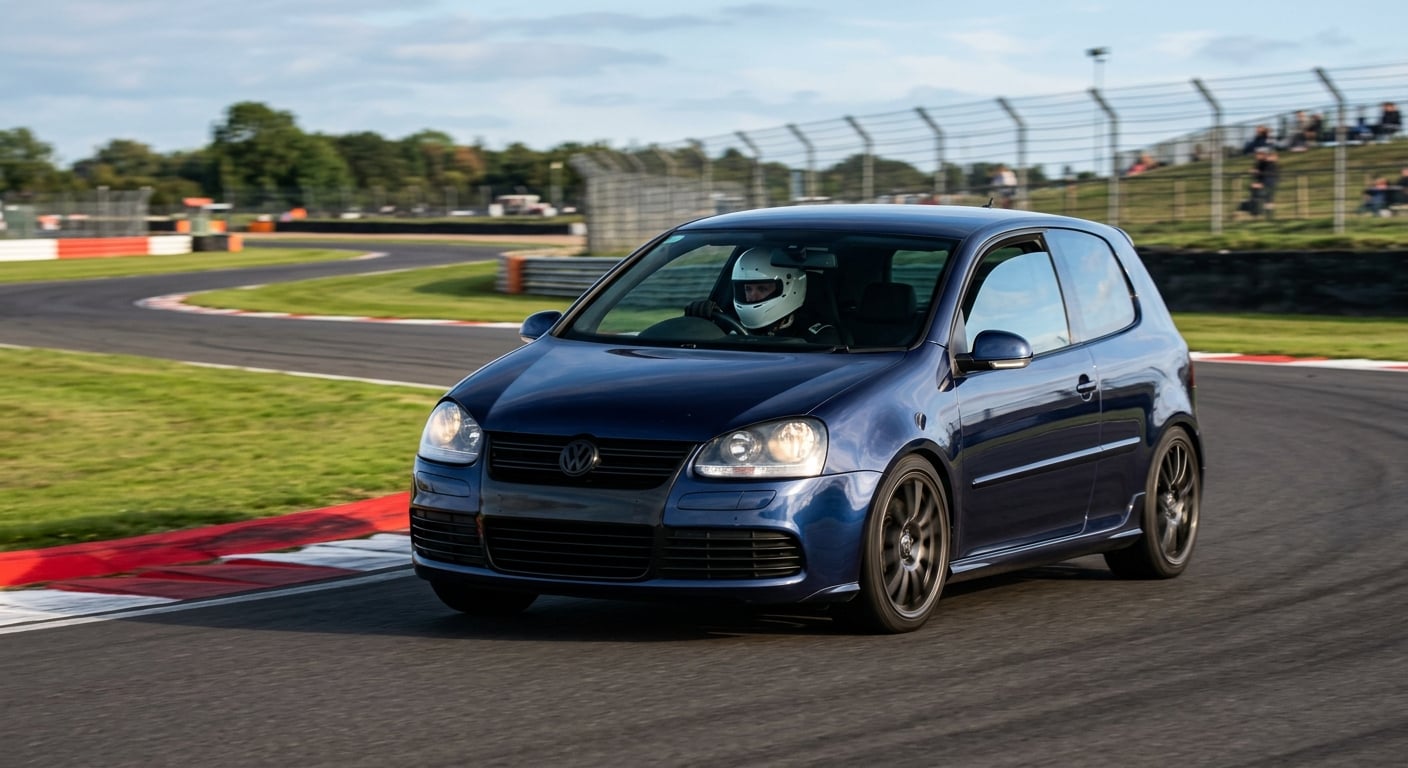 Dark blue Volkswagen Golf Mk5 R32 cornering on a British race circuit, helmeted driver visible through the windscreen