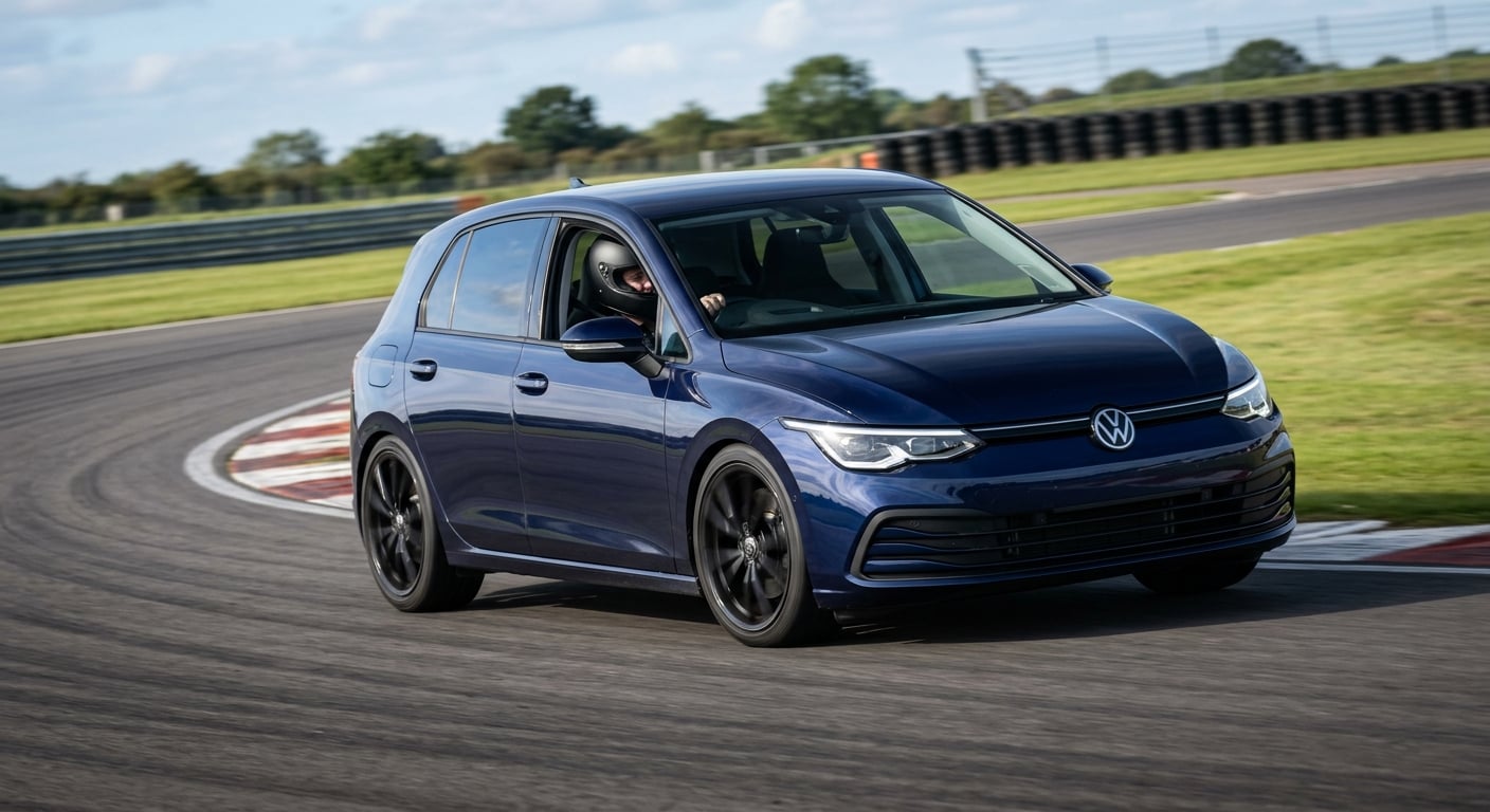 Dark navy blue Volkswagen Golf Mk8 cornering on a British race circuit, helmeted driver visible through the windscreen