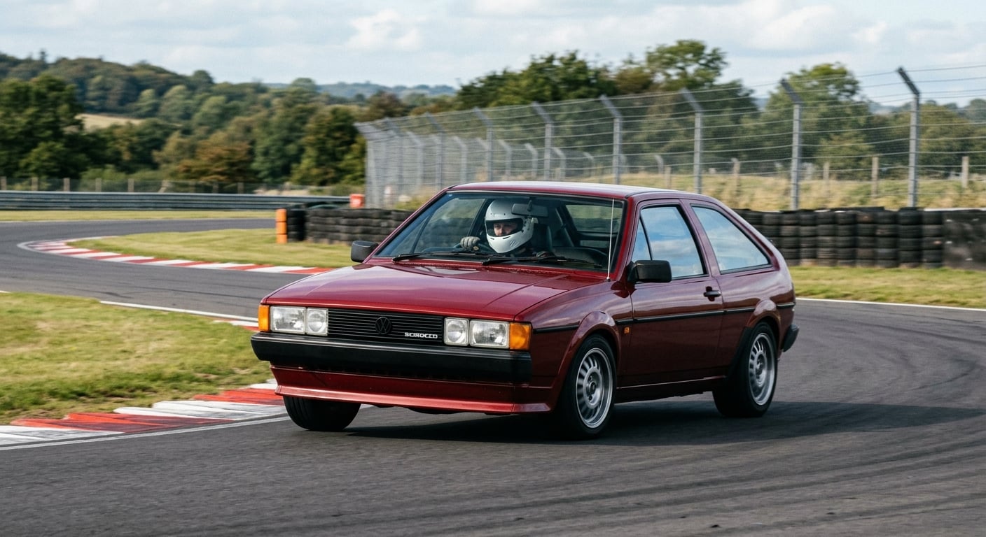 Dark red Volkswagen Scirocco MK2 cornering on a British race circuit