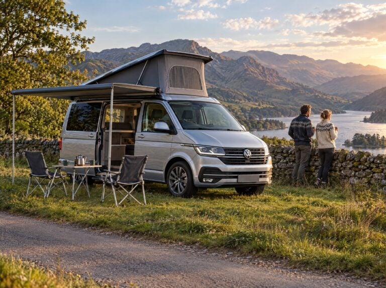 Silver VW California T6.1 camper with its pop-top up and awning out beside a dry-stone wall above a Lake District lake, camping chairs and a couple with mugs