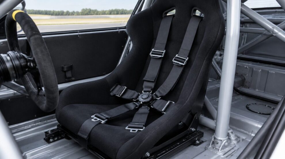A black bucket seat with a harness in a race car with a multipoint cage and a quick release steering wheel