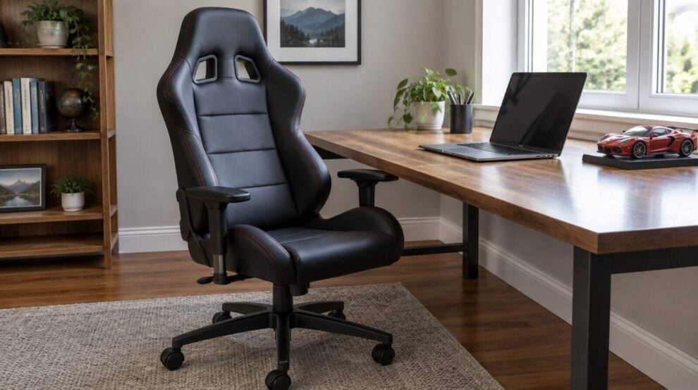 A black racing style office chair with shoulder wings and harness slots at a wooden home office desk