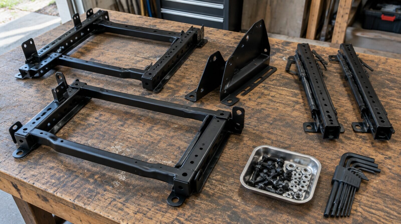 Seat subframes, side mounts and runners on a bench