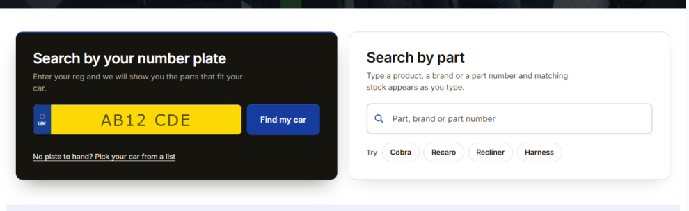 The homepage band with the number plate box beside the product search