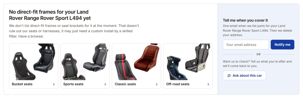 The panel shown for a car we do not list parts for yet, with category tiles