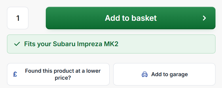 A product page with the fitment note under the price and the Add to garage button