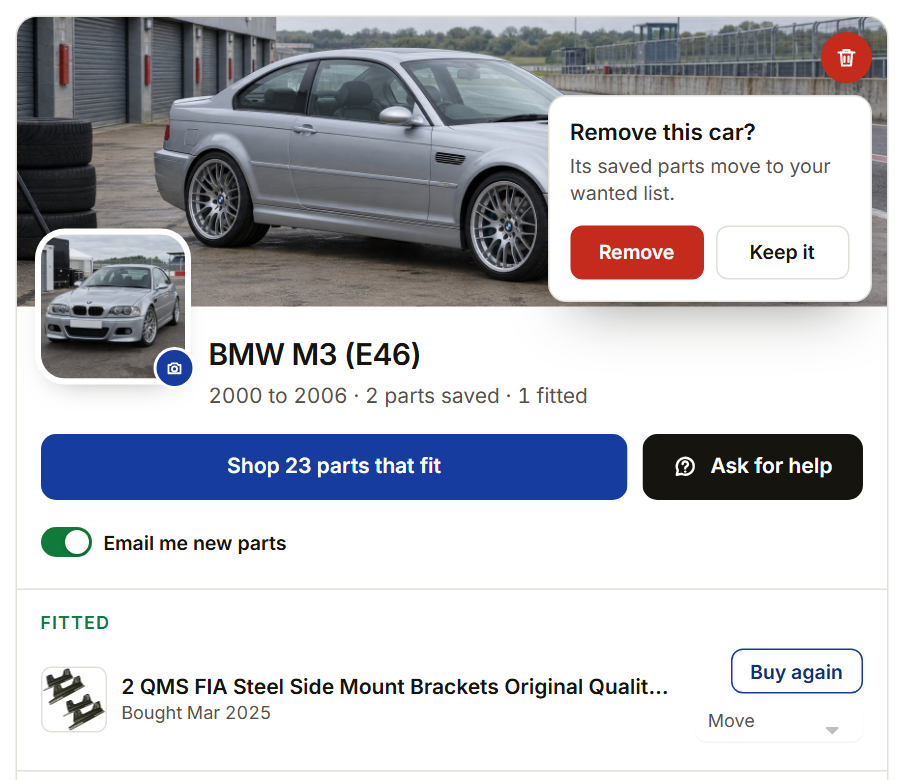 The Remove this car confirmation on a car card