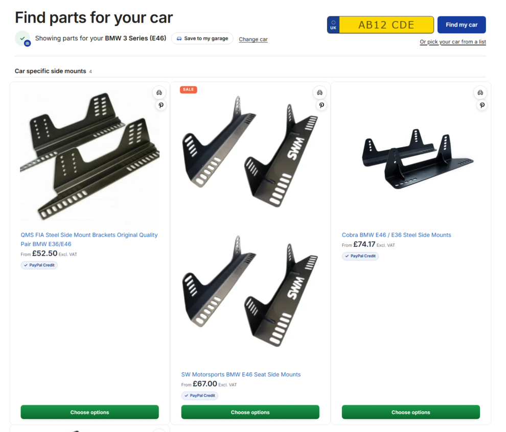 The Find parts for your car results page for a BMW 3 Series E46