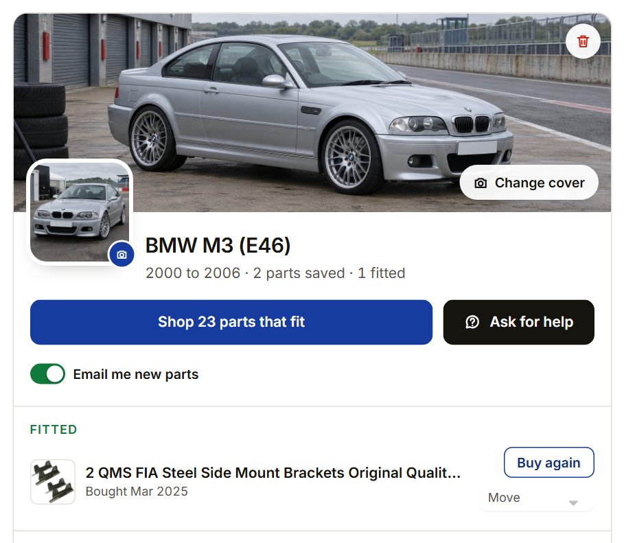 A car card with a Fitted part and Buy again
