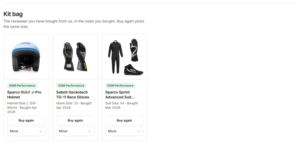The kit bag with racewear bought, each with Buy again