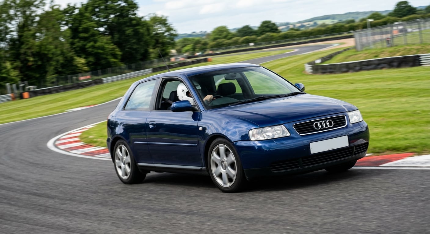 Audi A3 Mk1 (8L) cornering on a British race circuit with a helmeted driver visible at the wheel