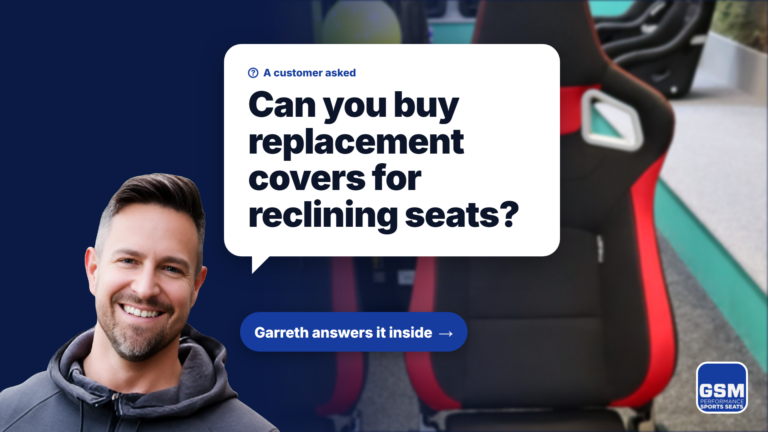 Garreth smiling next to a speech bubble reading: A customer asked, can you buy replacement covers for reclining seats? Garreth answers it inside