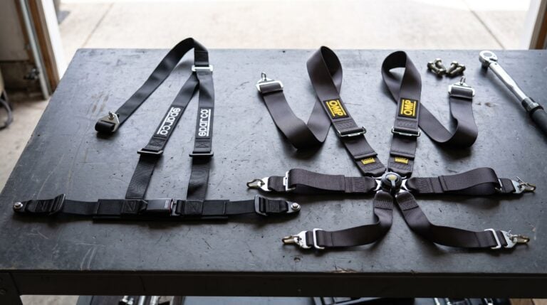A black Sparco Club H-3 three point road harness beside a black OMP First six point FIA harness laid out on a workshop bench, with a push button buckle on the road harness and a cam lock buckle on the FIA harness