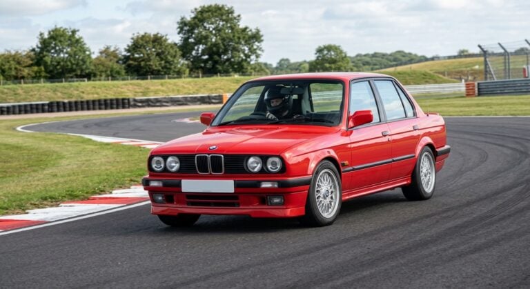 Red BMW 3 Series E30 saloon cornering on a British race circuit with helmeted driver visible