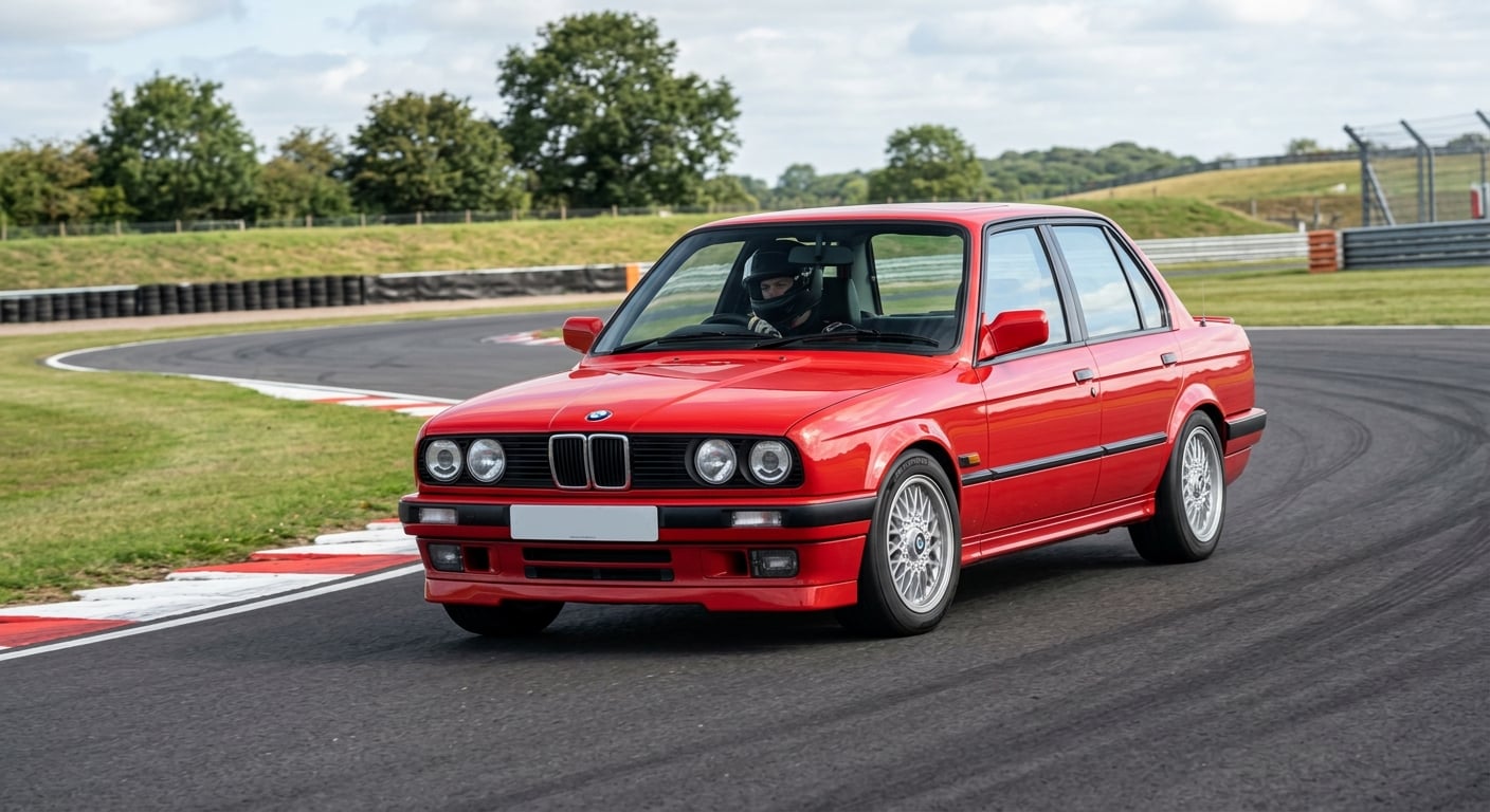 Red BMW 3 Series E30 saloon cornering on a British race circuit with helmeted driver visible
