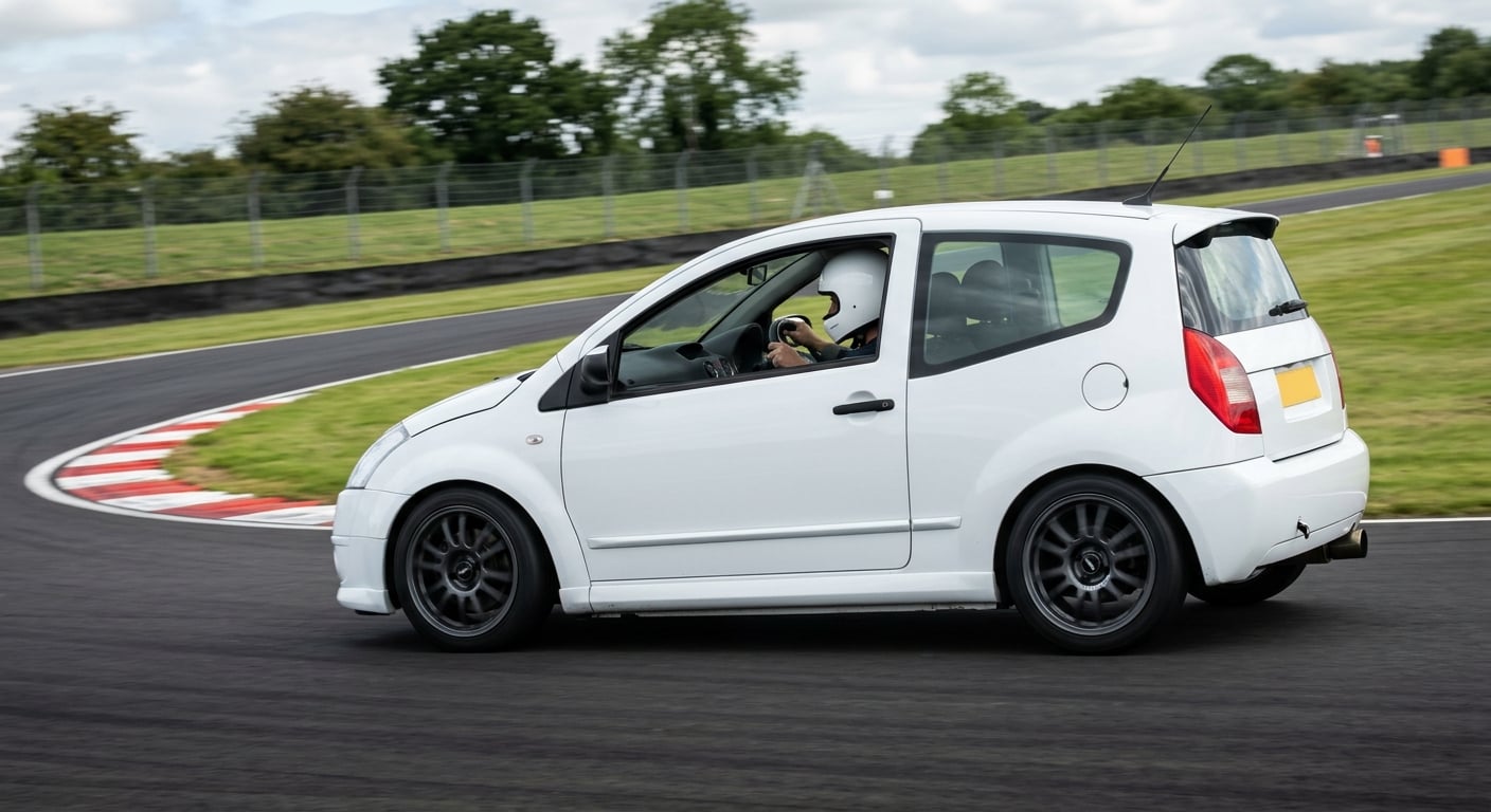 Citroen C2 VTS cornering on a British race circuit, helmeted driver visible at the wheel