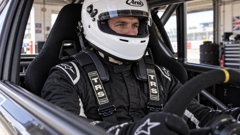 Helmeted driver wearing black TRS 2-inch shoulder belts over an FHR device in a track-car cockpit