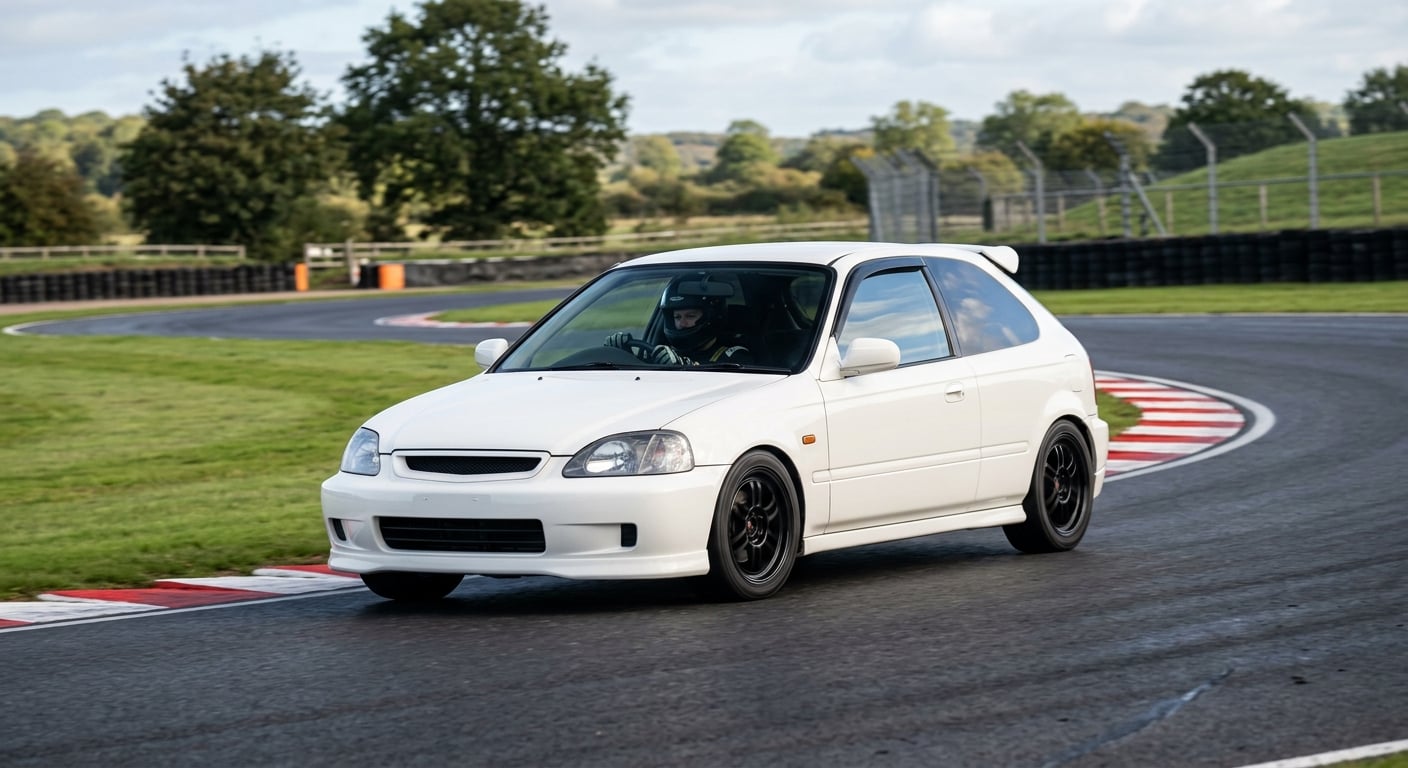 White Honda Civic EK three-door hatchback cornering on a British race circuit