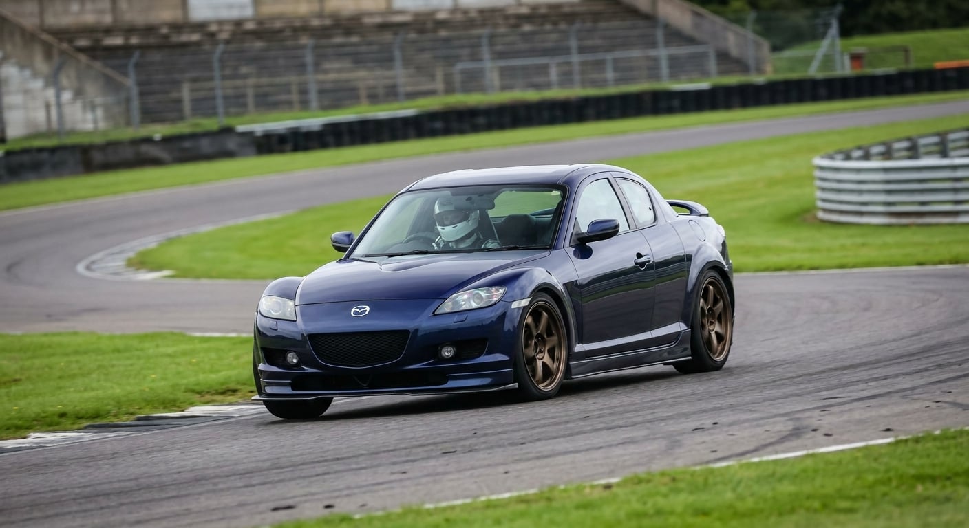 Dark blue Mazda RX-8 cornering on a British race circuit, helmeted driver visible through the windscreen
