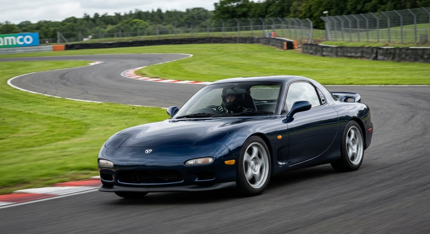 Dark blue Mazda RX-7 FD cornering on a British race circuit
