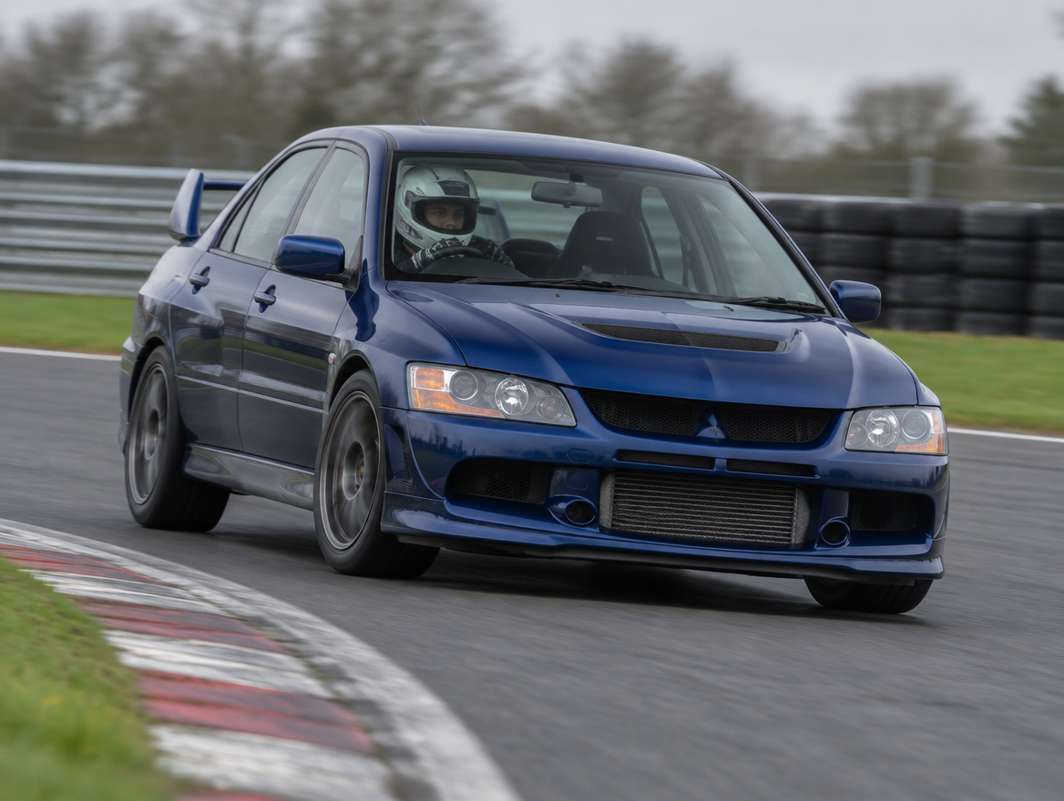 Dark blue Mitsubishi Lancer Evo 8 cornering on a British race circuit with helmeted driver visible