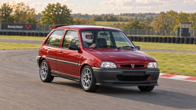Lightly modified red Rover 100 with a roof spoiler, aftermarket alloy wheels and a helmeted driver on a dry circuit