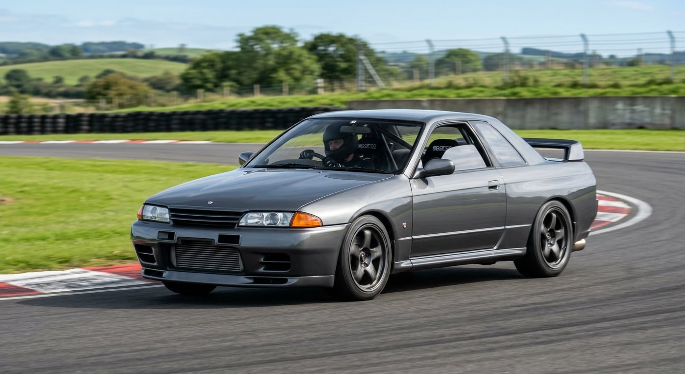 Silver Nissan Skyline R32 GT-R cornering on a British race circuit