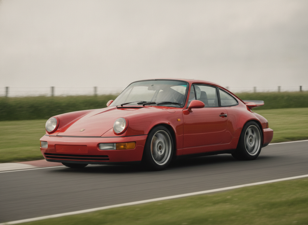A red Porsche 911 (964 generation) on a British tarmac circuit