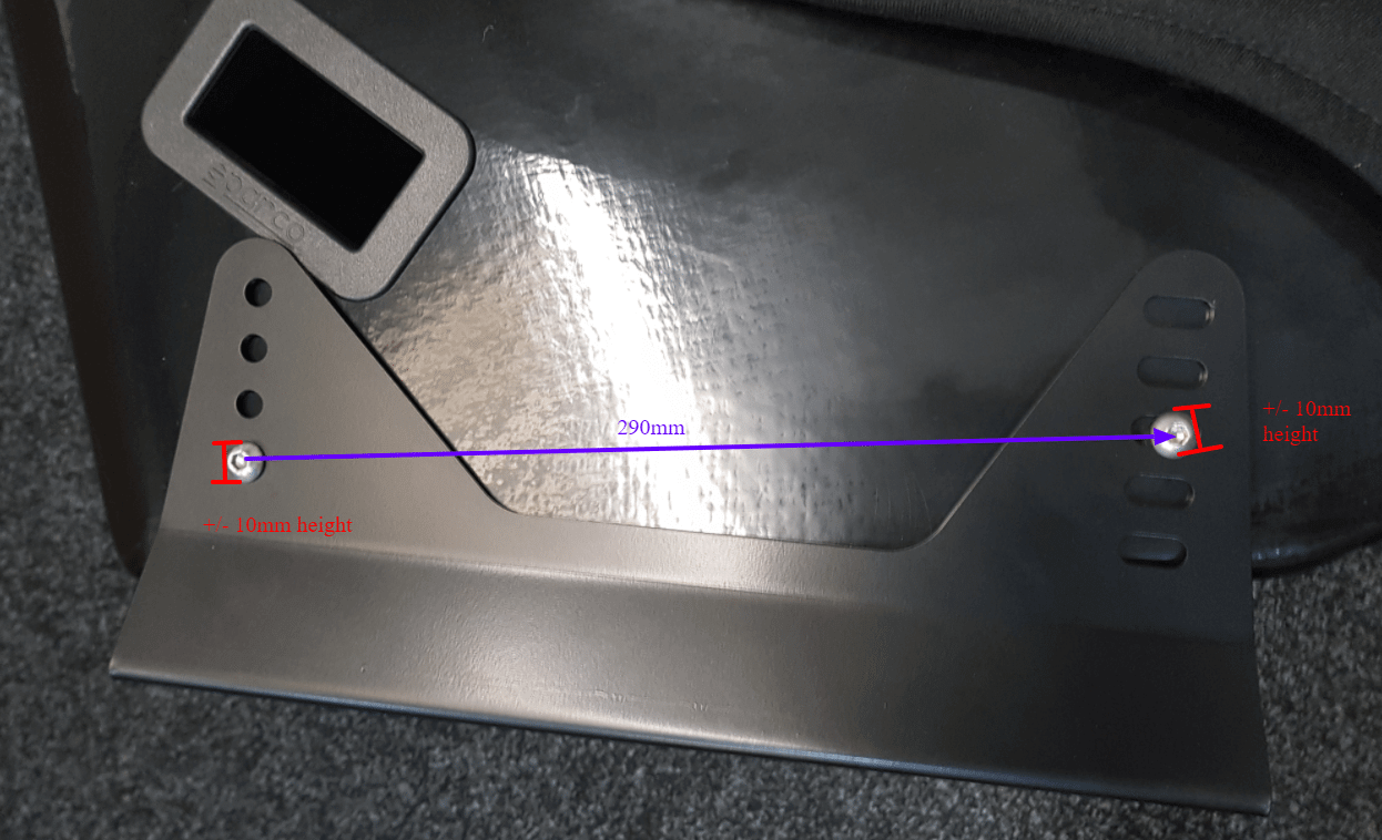 Sparco side mount on a bucket seat with 290mm between the two bolt points and plus or minus 10mm height marked at each end