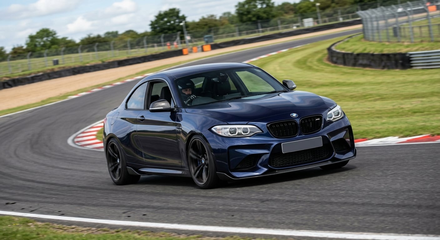 BMW M2 cornering on a British race circuit