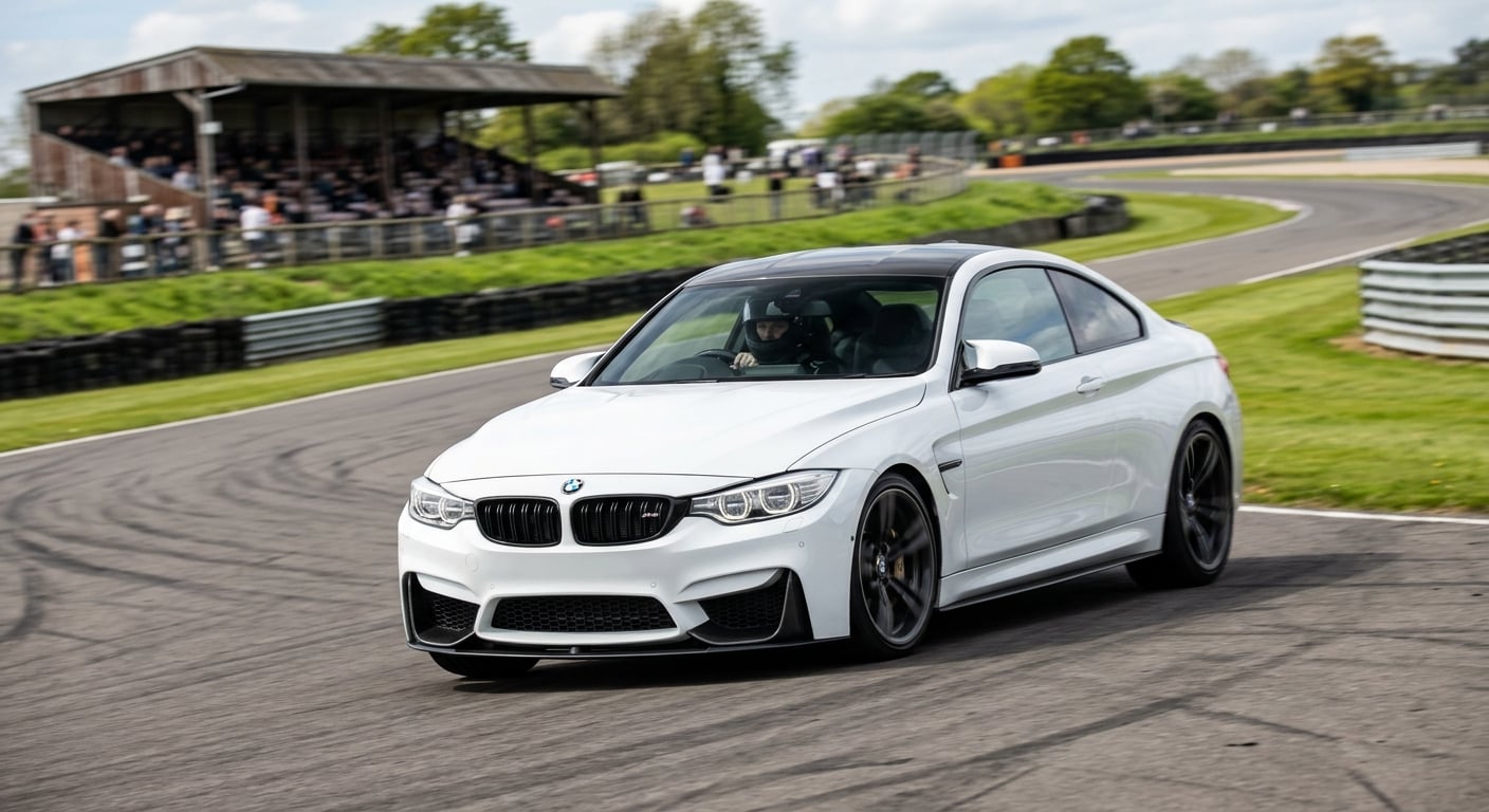 White BMW M4 F82 coupe cornering on a British race circuit, helmeted driver visible through the windscreen