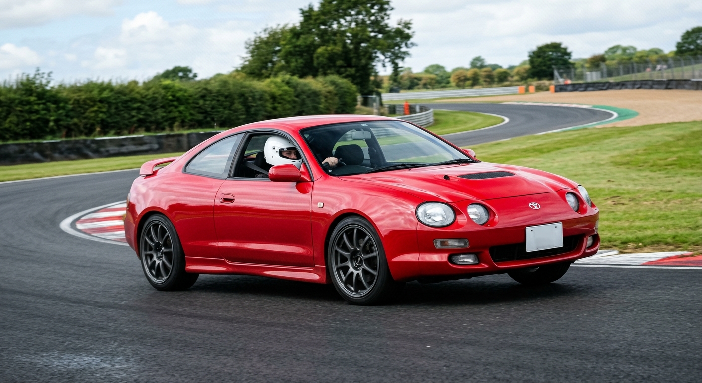 Vivid red Toyota Celica T200 cornering on a British race circuit with a helmeted driver at the wheel