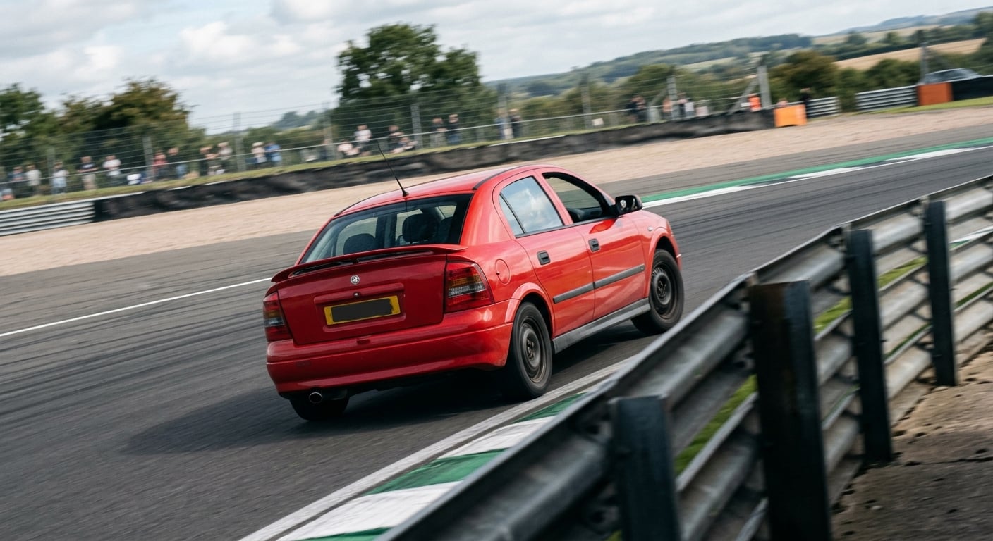 Vauxhall Astra Mk4 cornering on a British race circuit, helmeted driver at the wheel